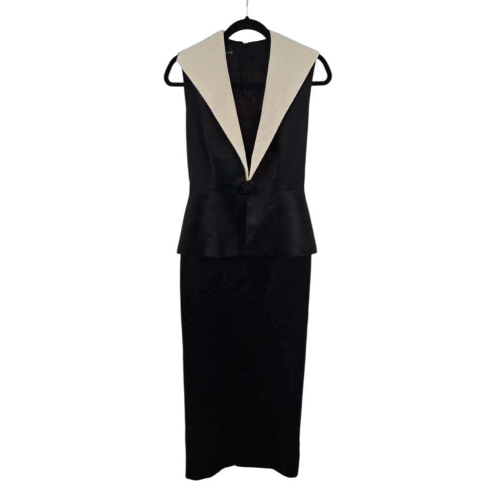 Evan Picone Evening Size 4  Black Off White Peplum Dress Maxi Satin